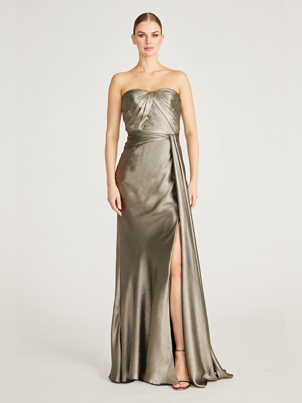 Theia Farren Strapless Metallic Gold Evening Gown with Side Drape